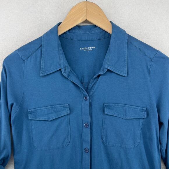 EILEEN FISHER Top S Organic Cotton Jersey Shirt Button Up Roll Tab Sleeve Blue - Picture 4 of 16